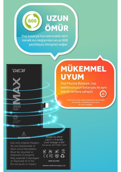 iPhone X Li-Ion Batarya 3510mAh – Yüksek Kapasiteli, Silikon Anot Teknolojili Orijinal Apple Uyumlu Pil