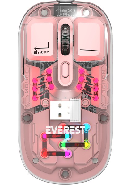 SM-BT89 Opal Şarj Edilebilir Sessiz Pembe Transparan Rgb 2in1 2bt ve 2.4ghz Kablosuz Mouse