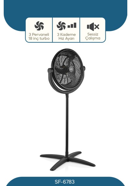 SF-6783 Ayaklı ve Masaüstü Vantilatör – 75W, 3 Kanat, 2 Hız Kademesi, Geniş Salınım Açısı ile Etkili Serinlik fiyatları