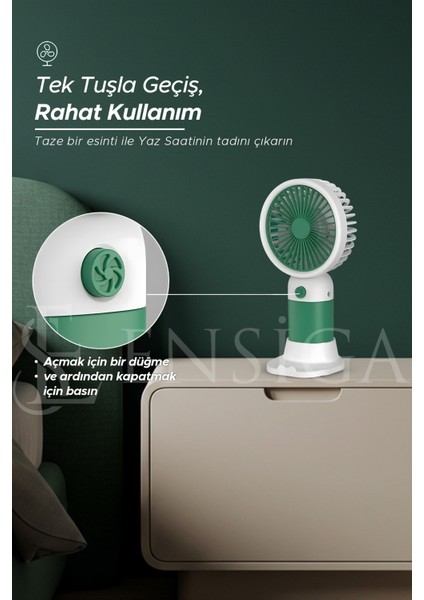 Şarjlı Masa ve El Vantilatörü – USB Bağlantılı, Taşınabilir, 5 Kanatlı Güçlü Soğutma, Sessiz Çalışma