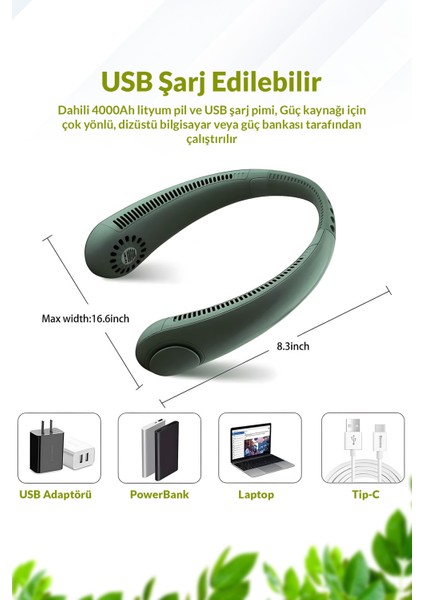 Şarjlı Kanatsız Boyun Vantilatörü – 3 Hız Ayarı, Taşınabilir Serinletici, Masaüstü ve Ayaklı Geniş Salınım Özelliği