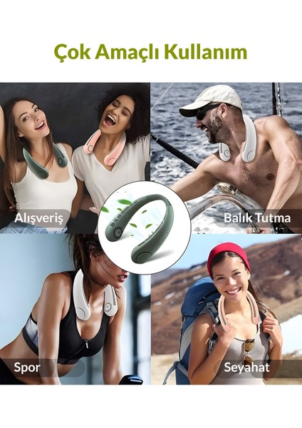 Şarjlı Kanatsız Boyun Vantilatörü – 3 Hız Ayarı, Taşınabilir Serinletici, Masaüstü ve Ayaklı Geniş Salınım Özelliği