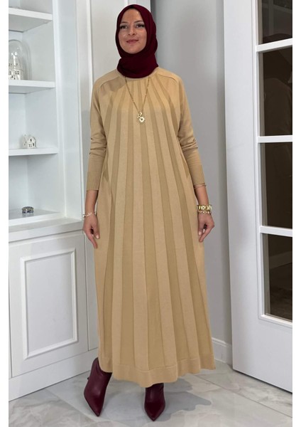 Beyza Fitilli Triko Elbise Bej