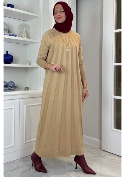 Beyza Fitilli Triko Elbise Bej modelleri