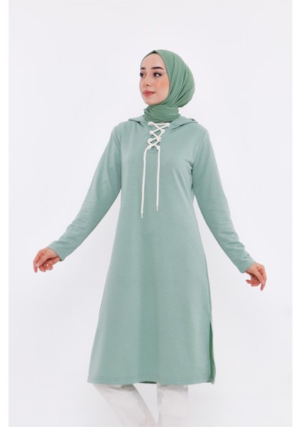 Eflin Yakadan Bağlamalı Kapşonlu Uzun Sweatshirt - 03030-1.100 - Çağla Yeşili fırsatları