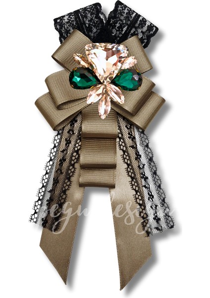 Shine Seri Kahve Ekru Yeşil Grogren Kurdele Kurdele Taşlı Yaka Çiçeği Broş Okul,iş,şal,gömlek