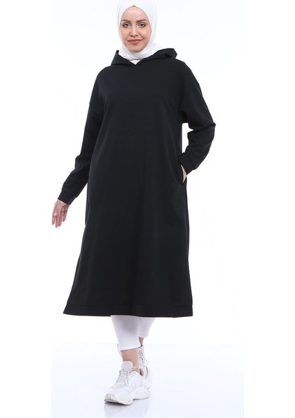 Atlas Kapşonlu Uzun Sade Basic Sweatshirt - 03007-1.003 - Siyah
