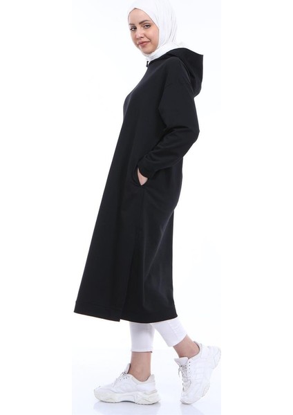 Atlas Kapşonlu Uzun Sade Basic Sweatshirt - 03007-1.003 - Siyah modelleri