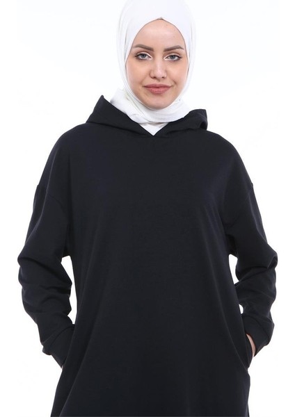 Atlas Kapşonlu Uzun Sade Basic Sweatshirt - 03007-1.003 - Siyah indirimleri