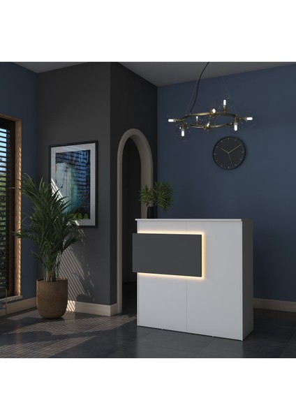 MA102 Suntalam Karşılama Bankosu – LED Işıklı, Çekmeceli, Beyaz-Antrasit, Şık ve Ergonomik Ofis Tasarımı