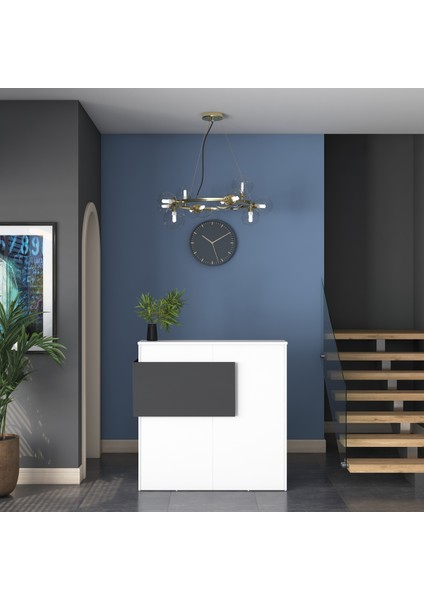 MA102 Suntalam Karşılama Bankosu – LED Işıklı, Çekmeceli, Beyaz-Antrasit, Şık ve Ergonomik Ofis Tasarımı