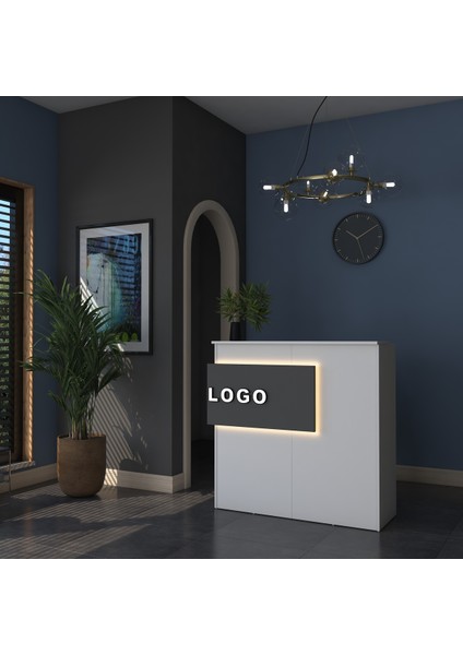 MA102 Suntalam Karşılama Bankosu – LED Işıklı, Çekmeceli, Beyaz-Antrasit, Şık ve Ergonomik Ofis Tasarımı