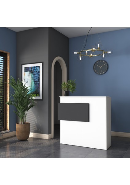 MA102 Suntalam Karşılama Bankosu – LED Işıklı, Çekmeceli, Beyaz-Antrasit, Şık ve Ergonomik Ofis Tasarımı