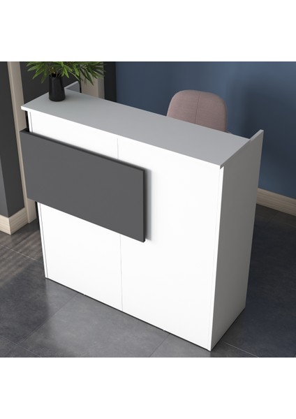 MA102 Suntalam Karşılama Bankosu – LED Işıklı, Çekmeceli, Beyaz-Antrasit, Şık ve Ergonomik Ofis Tasarımı