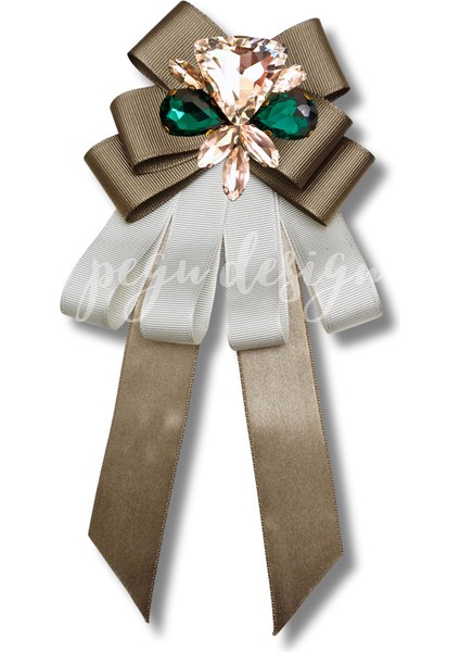 Shine Seri Kahve Ekru Yeşil Grogren Kurdele Kurdele Taşlı Yaka Çiçeği Broş Okul,iş,şal,gömlek