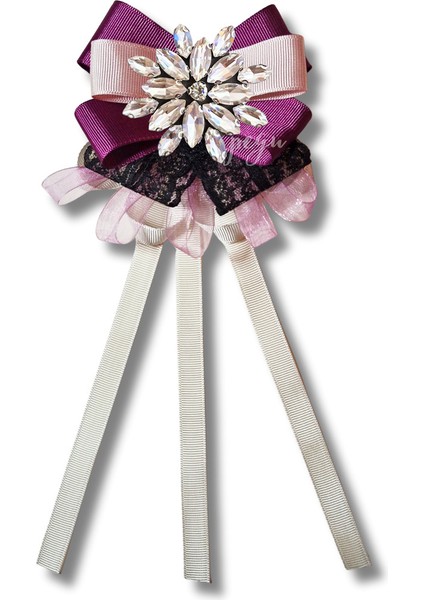 Shine Seri Mürdüm Grogren Kurdele Dantelli Taşlı Yaka Çiçeği Broş Okul,iş,şal,gömlek