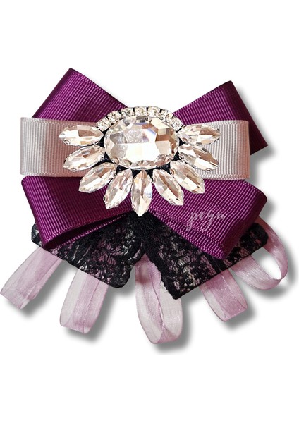 Shine Seri Mürdüm Grogren Kurdele Dantelli Taşlı Yaka Çiçeği Broş Okul,iş,şal,gömlek