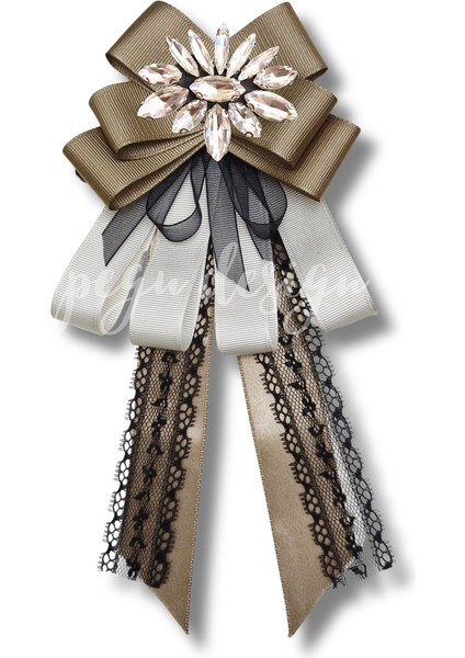 Shine Seri Kahve Ekru Yeşil Grogren Kurdele Kurdele Taşlı Yaka Çiçeği Broş Okul,iş,şal,gömlek