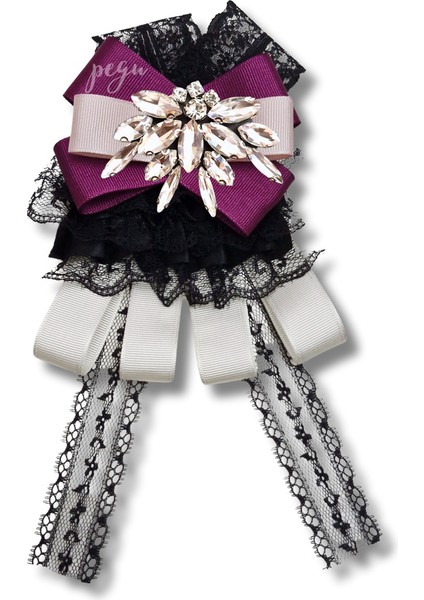 Shine Seri Mürdüm Grogren Kurdele Dantelli Taşlı Yaka Çiçeği Broş Okul,iş,şal,gömlek