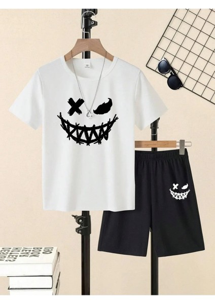 Erkek Çocuk Yeni Çarpılı Yüz Baskı Desenli Tişört ve Şort Takım modelleri