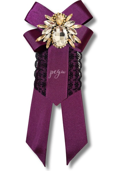 Shine Seri Mürdüm Grogren Kurdele Dantelli Taşlı Yaka Çiçeği Broş Okul,iş,şal,gömlek