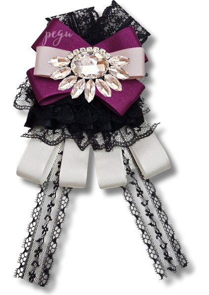 Shine Seri Mürdüm Grogren Kurdele Dantelli Taşlı Yaka Çiçeği Broş Okul,iş,şal,gömlek