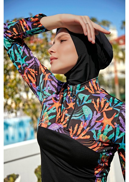 Fermuarlı Likralı Tam Kapalı Tesettür Mayo R077 Mercan modelleri