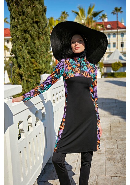 Fermuarlı Likralı Tam Kapalı Tesettür Mayo R077 Mercan indirimleri