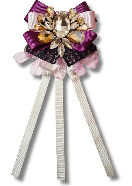 Shine Seri Mürdüm Grogren Kurdele Dantelli Taşlı Yaka Çiçeği Broş Okul,iş,şal,gömlek