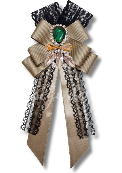 Shine Seri Kahve Ekru Yeşil Grogren Kurdele Kurdele Taşlı Yaka Çiçeği Broş Okul,iş,şal,gömlek