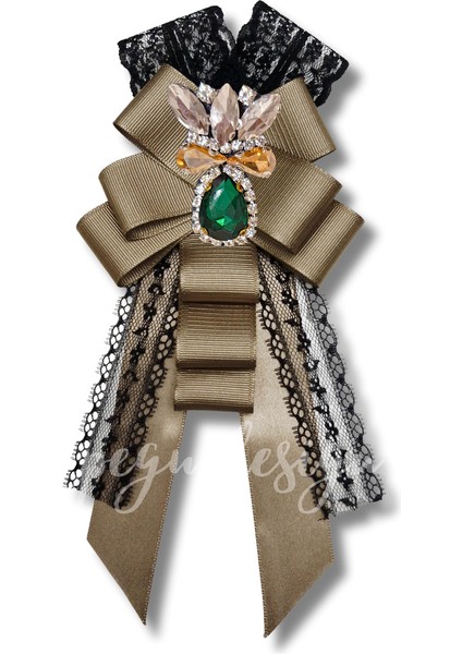 Shine Seri Kahve Ekru Yeşil Grogren Kurdele Kurdele Taşlı Yaka Çiçeği Broş Okul,iş,şal,gömlek