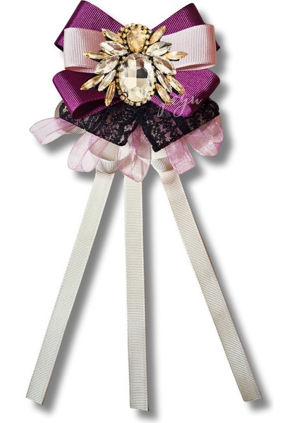 Shine Seri Mürdüm Grogren Kurdele Dantelli Taşlı Yaka Çiçeği Broş Okul,iş,şal,gömlek