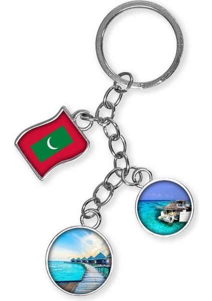 Maldivler Üçlü Epoksi Metal Çift Taraflı Damla Anahtarlık Maldives