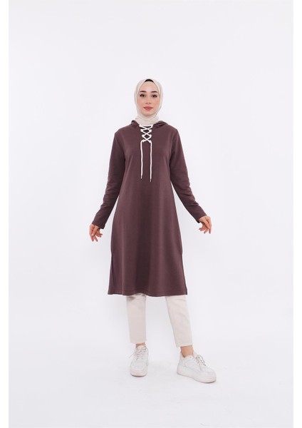 Eflin Yakadan Bağlamalı Kapşonlu Uzun Sweatshirt - 03030-1.028 - Kahverengi