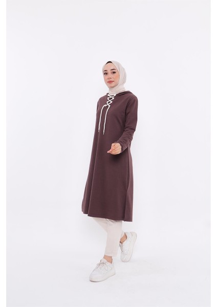 Eflin Yakadan Bağlamalı Kapşonlu Uzun Sweatshirt - 03030-1.028 - Kahverengi fiyatları