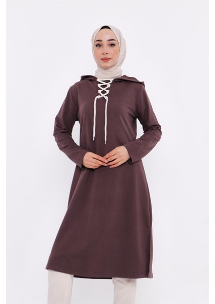 Eflin Yakadan Bağlamalı Kapşonlu Uzun Sweatshirt - 03030-1.028 - Kahverengi fırsatları