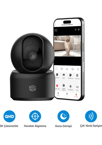 Akıllı 360° Kamera Wi-Fi, 1620p 3K, Gece Görüş, Ses Gönderme ve Alma
