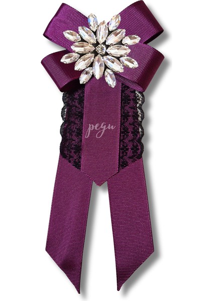 Shine Seri Mürdüm Grogren Kurdele Dantelli Taşlı Yaka Çiçeği Broş Okul,iş,şal,gömlek