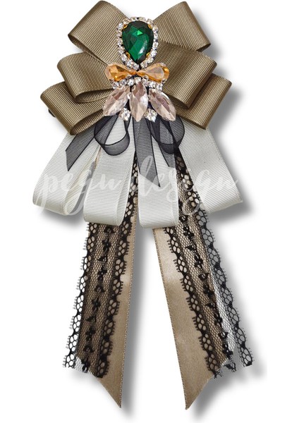 Shine Seri Kahve Ekru Yeşil Grogren Kurdele Kurdele Taşlı Yaka Çiçeği Broş Okul,iş,şal,gömlek