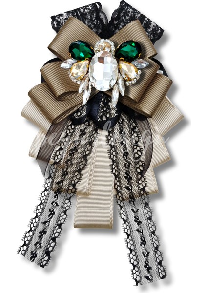 Shine Seri Kahve Ekru Yeşil Grogren Kurdele Kurdele Taşlı Yaka Çiçeği Broş Okul,iş,şal,gömlek