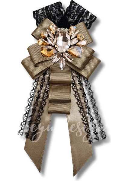 Shine Seri Kahve Ekru Yeşil Grogren Kurdele Kurdele Taşlı Yaka Çiçeği Broş Okul,iş,şal,gömlek