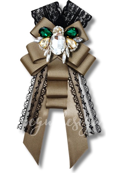 Shine Seri Kahve Ekru Yeşil Grogren Kurdele Kurdele Taşlı Yaka Çiçeği Broş Okul,iş,şal,gömlek