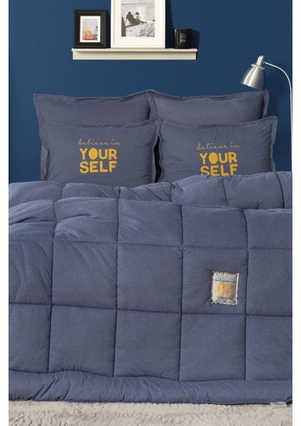 Motto Cotton Comfort Çift Kişilik Uyku Seti – %60 Pamuk %40 Polyester, 200x220 cm, İndigo Düz Desen Lastikli Çarşaf