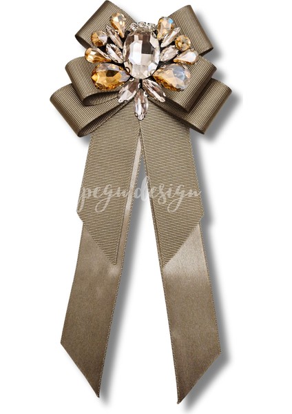 Shine Seri Kahve Ekru Yeşil Grogren Kurdele Kurdele Taşlı Yaka Çiçeği Broş Okul,iş,şal,gömlek