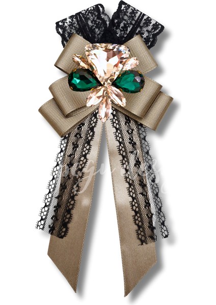 Shine Seri Kahve Ekru Yeşil Grogren Kurdele Kurdele Taşlı Yaka Çiçeği Broş Okul,iş,şal,gömlek