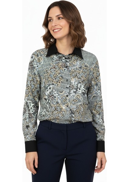 Kadın Likrasız Kumaş Anne Gömlek Ebru Desenli Uzun Kollu Vatkalı Tam Kalıp Rahat Kesim