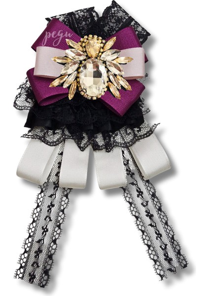 Shine Seri Mürdüm Grogren Kurdele Dantelli Taşlı Yaka Çiçeği Broş Okul,iş,şal,gömlek