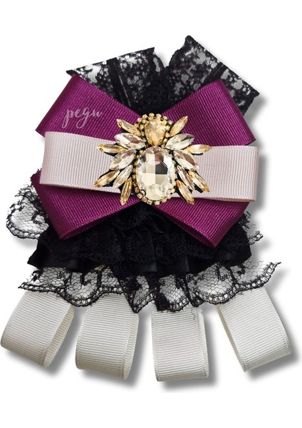 Shine Seri Mürdüm Grogren Kurdele Dantelli Taşlı Yaka Çiçeği Broş Okul,iş,şal,gömlek