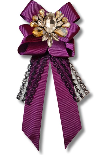 Shine Seri Mürdüm Grogren Kurdele Dantelli Taşlı Yaka Çiçeği Broş Okul,iş,şal,gömlek