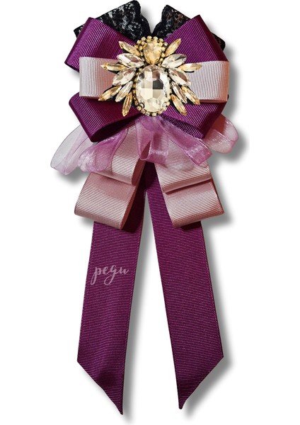 Shine Seri Mürdüm Grogren Kurdele Dantelli Taşlı Yaka Çiçeği Broş Okul,iş,şal,gömlek